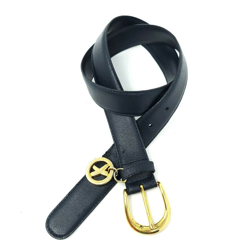 Paloma Picasso Blue Adjustable Leather Belt Gold Tone Buckle Logo Designer